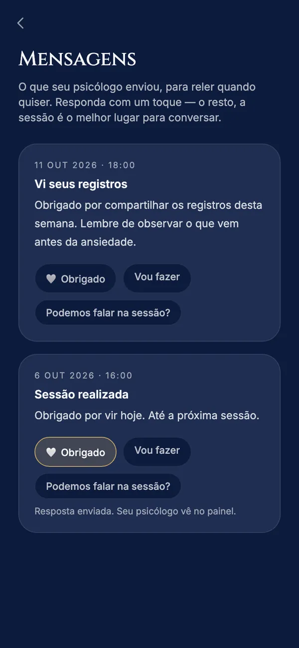 Tela Mensagens com recado do psicólogo e botões de resposta rápida (exemplo fictício)