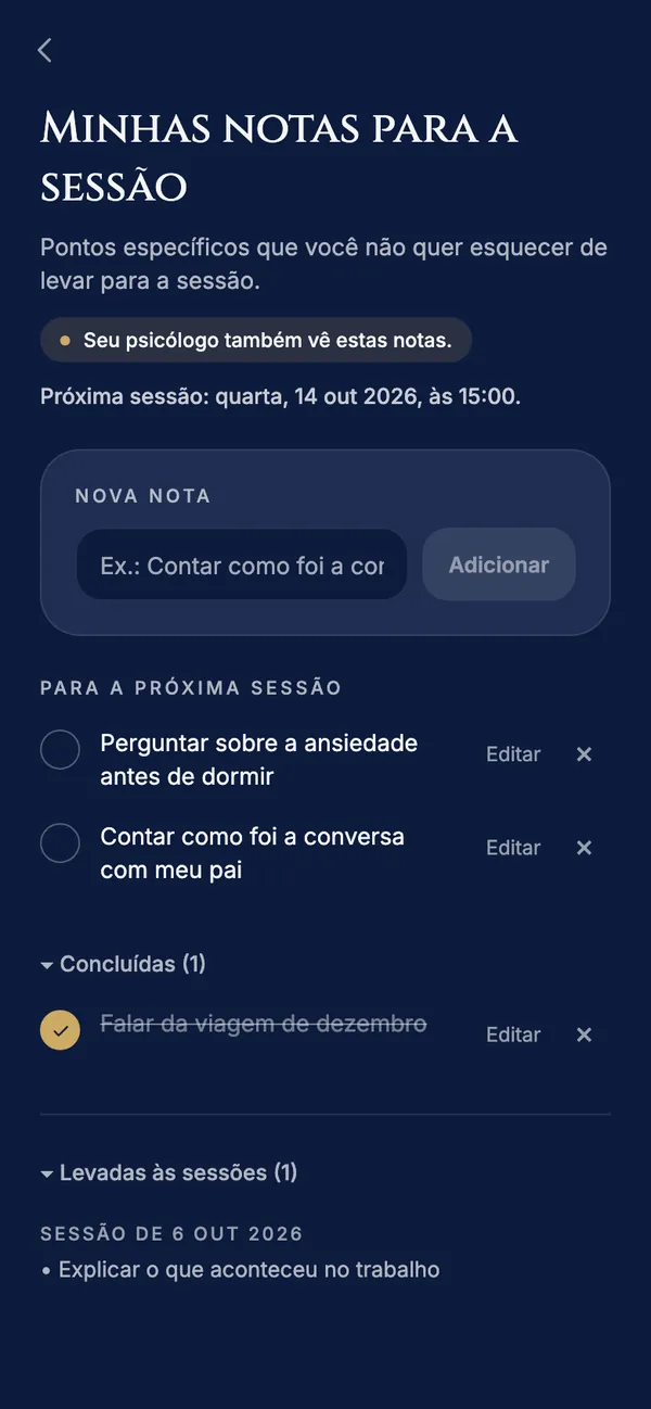 Tela Minhas notas para a sessão com tópicos para a próxima consulta (exemplo fictício)