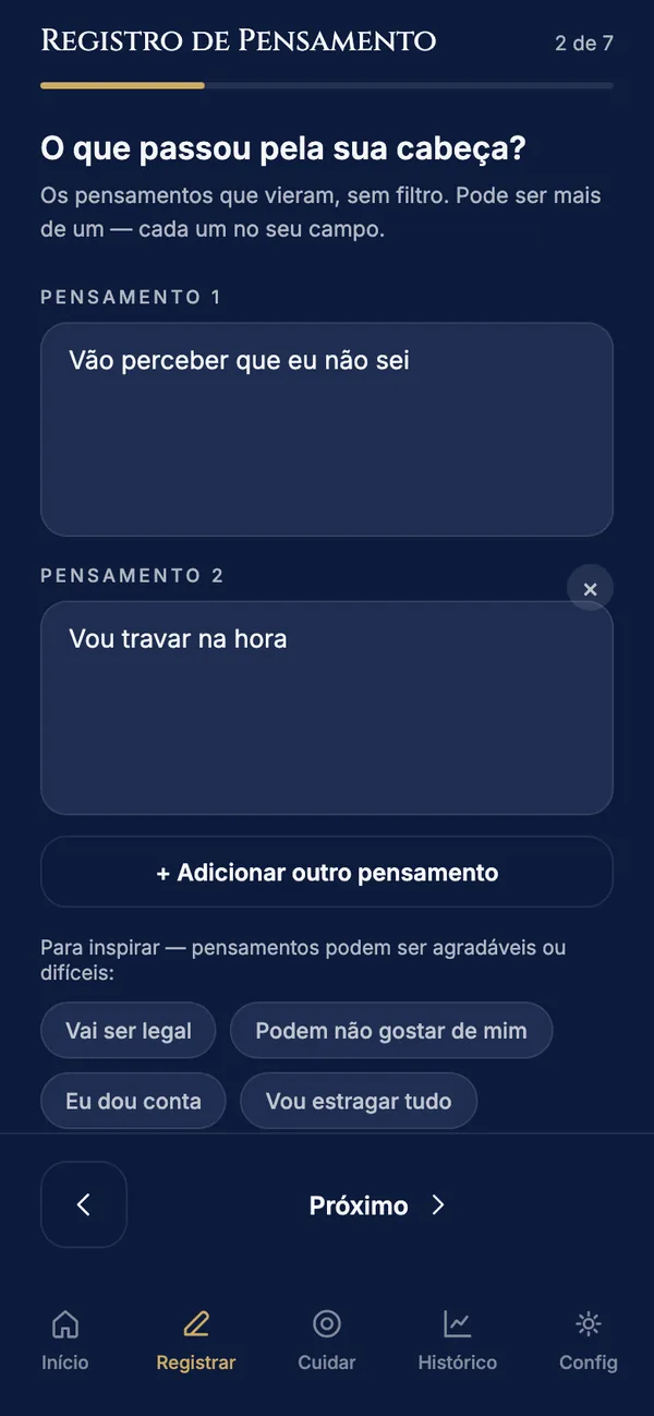 Tela do app Registro de Pensamento com dois pensamentos automáticos em campos separados (exemplo fictício)