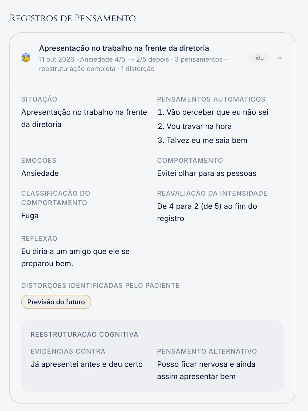 Registro de pensamento no painel com três pensamentos, classificação do comportamento e reavaliação (exemplo fictício)